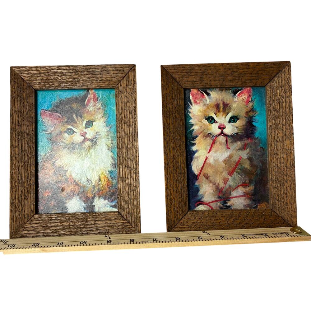 Vintage DAC NY Litho Cat Kitten Print Size 5x7 Framed Set Of 2 Florence Kroger